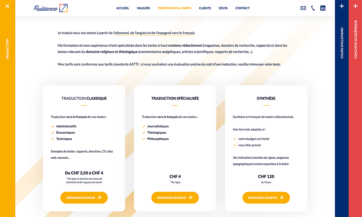 Page présentant les tarifs de traduction