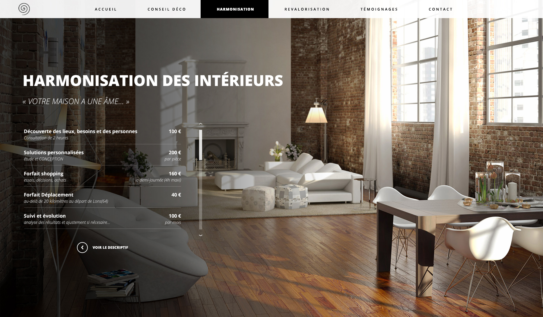 Page détaillant les prestations